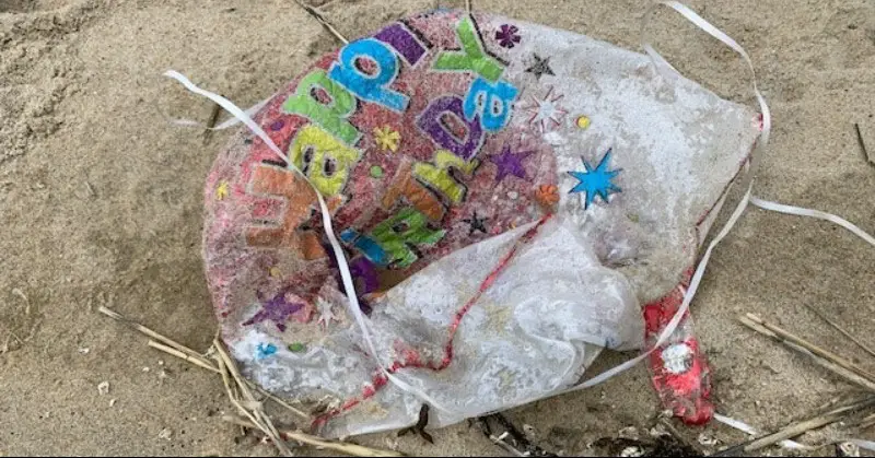 Birthday balloon littering a beach